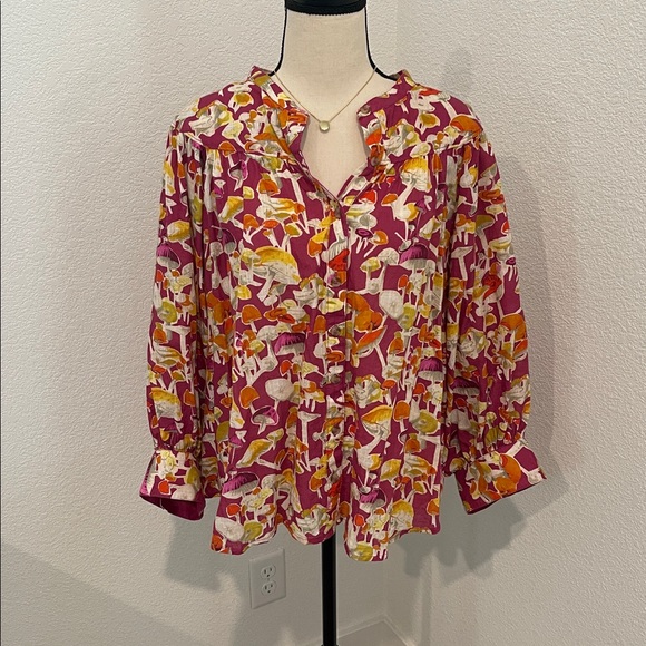 Anthropologie | Maeve Pink Orange Mushroom Print Button Shirt Blouse Top 2X - Picture 4 of 10